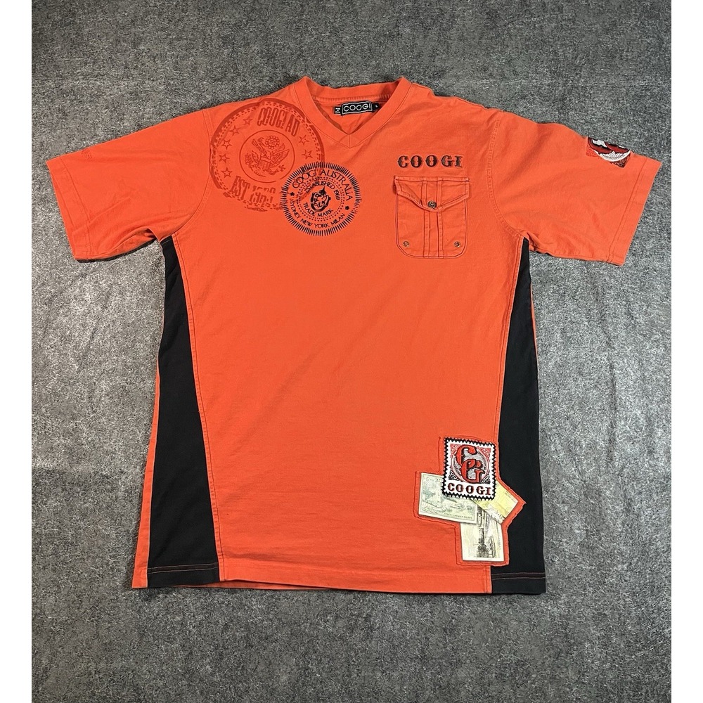 COOGI Men's Large Orange V Neck T Shirt Patches Y2K Vintage